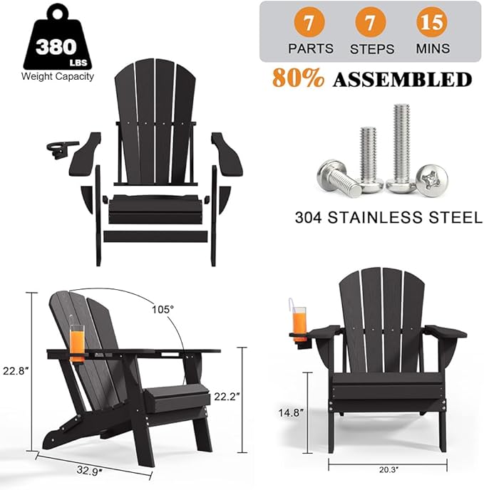 Folding Adirondack Chairs with Cup Holders, Set of 6 HDPE Plastic Outdoor Chairs, Weather Resistant, Real Wood Look, Heavy-Duty Patio Furniture for Deck, Fire Pit, Backyard, Black