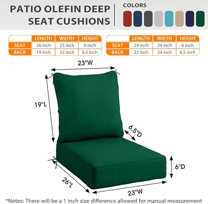 Sundale Outdoor Olefin Deep Seat Cushion, Patio Chair Cushion and Pillow, Water-Resistant Sectional Sofa Pad with Straps Dark Green, 23 x 26 x 6 Inches