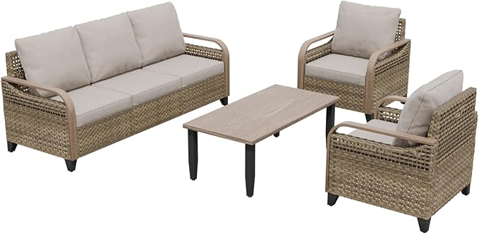 COOS BAY Modern Wicker Outdoor Furniture Set, Patio Conversation Set with Patio Chairs, 3 Seat Couch, and Side Table, 4 Piece, Brown/Gray