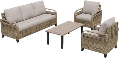 COOS BAY Modern Wicker Outdoor Furniture Set, Patio Conversation Set with Patio Chairs, 3 Seat Couch, and Side Table, 4 Piece, Brown/Gray