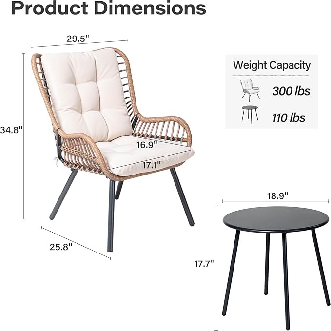 LAUSAINT HOME 3 Piece Outdoor Bistro Set, Small Patio Furniture Set with Coffee Table and Thick Cushions, Front Porch Furniture for Lawn, Garden, Balcony, Poolside, White