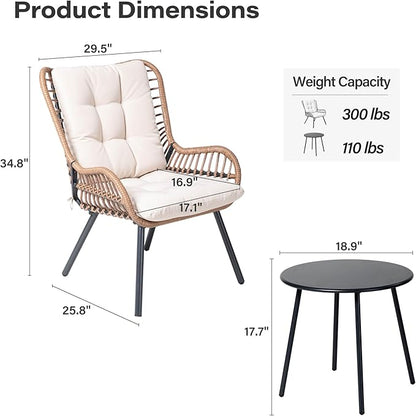 LAUSAINT HOME 3 Piece Outdoor Bistro Set, Small Patio Furniture Set with Coffee Table and Thick Cushions, Front Porch Furniture for Lawn, Garden, Balcony, Poolside, White