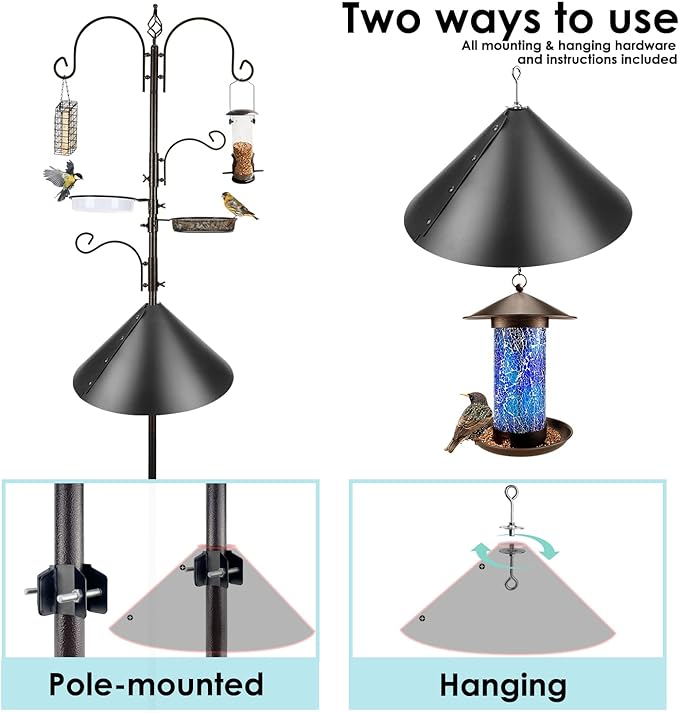 Bird Feeder Pole with Squirrel Baffle - Deluxe Feeder Station Kit Includes Suet Cage, Wild Bird Feeders & Planter Hanger for Garden, Yard