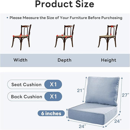 6 inches Thicker Outdoor Chair Cushions Set- 24" *24" *6" Waterproof Patio Furniture Cushions with Removable Cover, 28D High Density Sponge Filling Thicken Outdoor Patio Cushions - Baby Blue