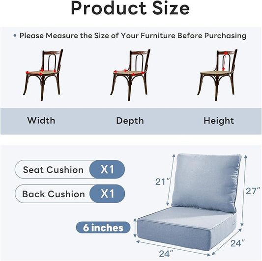 6 inches Thicker Outdoor Chair Cushions Set- 24" *24" *6" Waterproof Patio Furniture Cushions with Removable Cover, 28D High Density Sponge Filling Thicken Outdoor Patio Cushions - Baby Blue