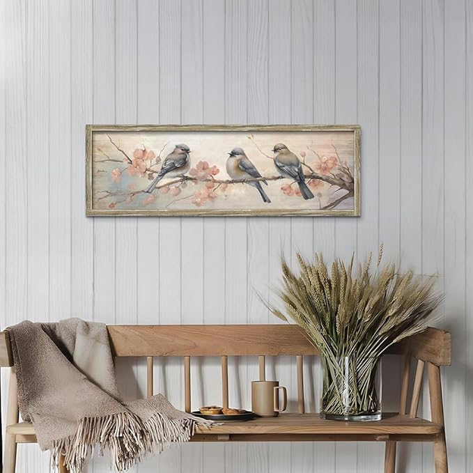 Vintage Bird Framed Wall Art: Rustic Chickadee Wooden Painting Colorful Cute Sparrow Picture Pink Flower Branch Prints Countryside Artwork Decor for Living Room Bedroom Farmhouse
