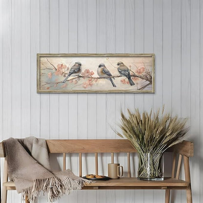 Vintage Bird Framed Wall Art: Rustic Chickadee Wooden Painting Colorful Cute Sparrow Picture Pink Flower Branch Prints Countryside Artwork Decor for Living Room Bedroom Farmhouse