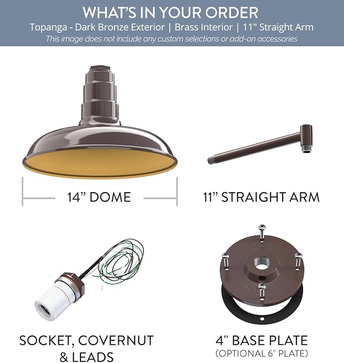 Steel Lighting Co. Topanga Barn Light | Outdoor Wall Mounted | 14 inch Dome | 11" Straight Arm | Farmhouse Garage Light Made in America | Dark Bronze Exterior/Brass Interior