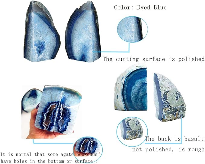 JIC Gem Agate Decorative Book Ends Blue Gemstone Geode Bookends Cool Crystal Bookends for Shelves Book Ends for Heavy Duty Books with Rubber Bumpers for Office and Home Décor (1 Pair,4-6 LBS)
