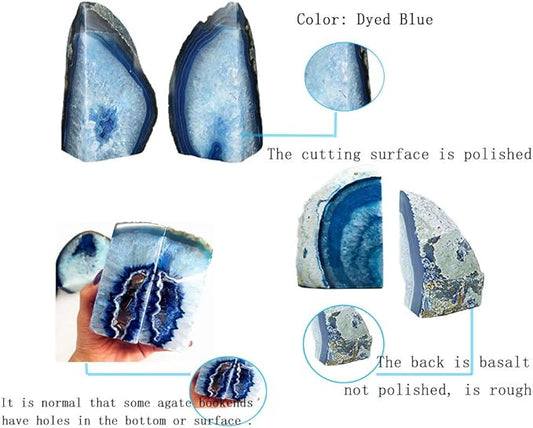 JIC Gem Agate Bookends Dyed Blue Book Ends for Heavy Books Geode Bookends for Bookshelf Decor Cute Stone Bookends with Rubber Bumpers for Office Décor and Home Decoration(1 Pair,6 to 8 Lbs)