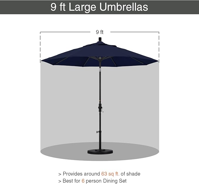 California Umbrella 9' Round Aluminum Outdoor Deck, Pool or Patio Umbrella, Crank Lift, Auto Tilt, Bronze Pole, Navy Blue Olefin