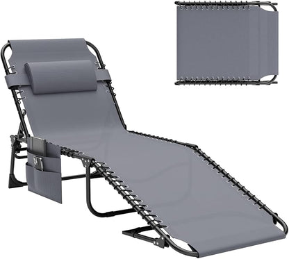 Outdoor Folding Lounge Chair, 4-Level Reclining Backrest Chaise Lounge, Removable Pillow & Side Pocket Design, Breathable Portable Tanning Chair for Poolside, Beach, Patio, Backyard