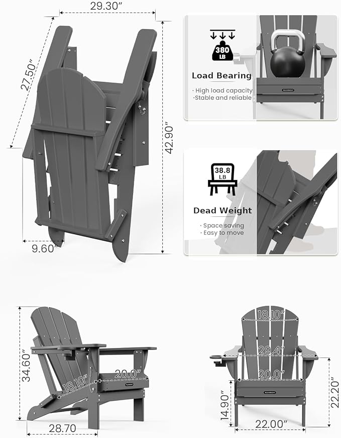 MUCHENGHY Folding Adirondack Chairs HDPE Weather Resistant 6 Pack, Patio Firepit Chairs, Sturdy Outside Chairs, Lawn Chairs, 15min Assembly 380lb Grey