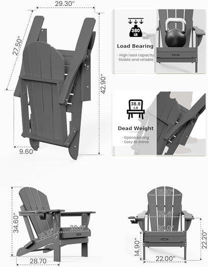 MUCHENGHY Folding Adirondack Chairs Set of 2 HDPE Weather Resistant, Patio Firepit Chairs, Sturdy Outside Chairs, Lawn Chairs, 15min Assembly 380lb Grey