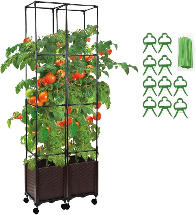 2 Pack Tomato Planter with Trellis, 62" H Rolling Planter Box with Wheels & Water Reservoir, Self-Watering Raised Garden Bed for Climbing Plants, Tomato, Potato, Vegetables, Chili