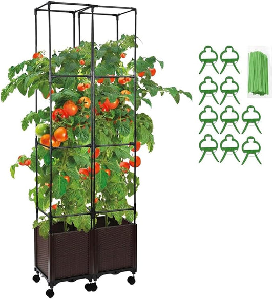 2 Pack Tomato Planter with Trellis, 62" H Rolling Planter Box with Wheels & Water Reservoir, Self-Watering Raised Garden Bed for Climbing Plants, Tomato, Potato, Vegetables, Chili