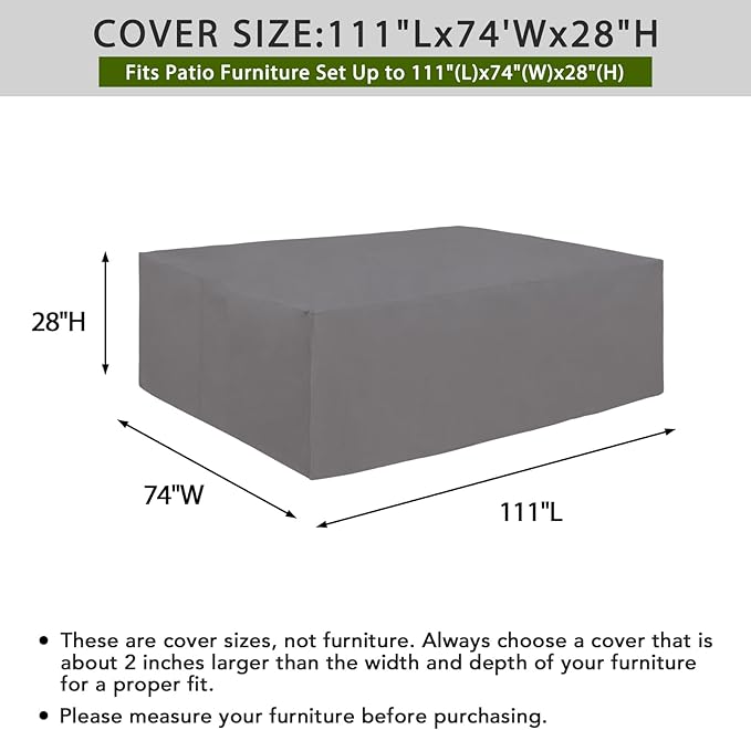Easy-Going 600D Heavy Duty Patio Furniture Cover for Outdoor Rectangular Table and Chair Set, Waterproof Outdoor Sectional Set Cover (111"L x 74"W x 28"H, Grey)