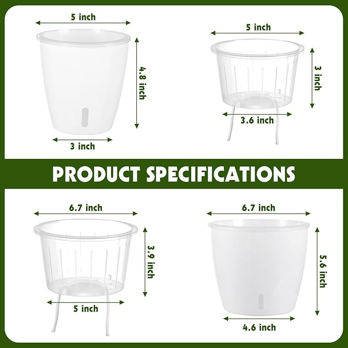 Self-Watering Pots for Indoor Plants, 16-Pack Self Watering Planter with Drainage Holes, Small African Violet Pots with Water Indicator, 10-Pack 5''/6-Pack 6.7'' Orchid Pot, White