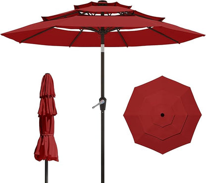 9FT 3 Tiers Patio Umbrella With Auto Tilt And Crank, Outdoor Table Market Umbrella with 8 Sturdy Ribs for Garden, Lawn, Deck, Backyard and Pool (Red)