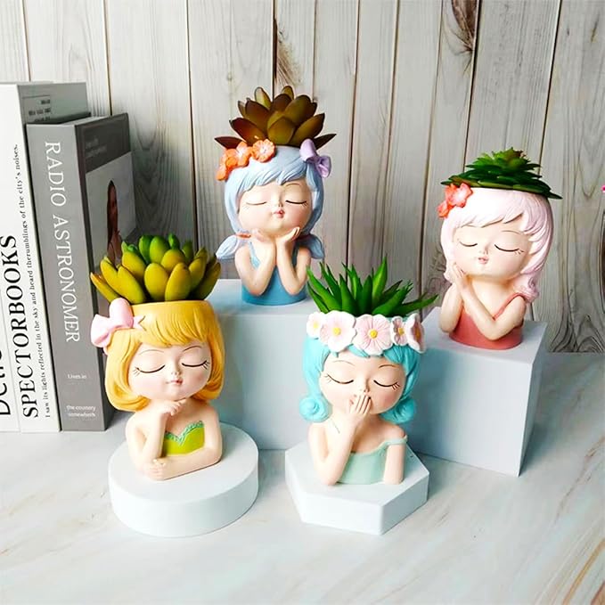 4pcs Cute Head Planter Resin Succulent Planter Little Girl Flower Pot, Human Face Cactus Plants Container Bonsai Holder Thumb Pot Fairy Figurine Statue Planters with Drainage Decor Gift (Colorful)