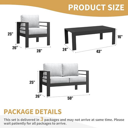 LayinSun Outdoor Aluminum Furniture Set, 4 Pieces Patio Sectional Conversation Chat Sofa Modern Seating Set with Coffee Table