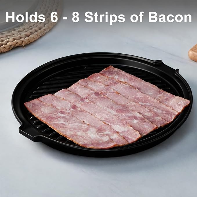 ONEMORE Microwave Bacon Tray Ceramic Bacon Cooker Meat Rack for Oven Cooking Crispy Bacon Maker - 11 inch Round Bacon Dish Plate, Black