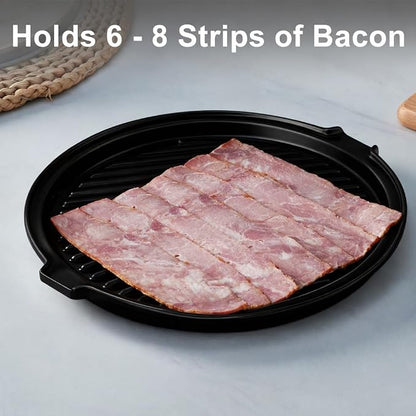 ONEMORE Microwave Bacon Tray Ceramic Bacon Cooker Meat Rack for Oven Cooking Crispy Bacon Maker - 11 inch Round Bacon Dish Plate, Black