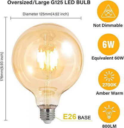 BoostArea LED Bulbs 60 Watt Equivalent, 2 Pack 6W G125 Led Globe Bulbs, Antique Vintage Light Bulbs Amber, E26 LED Edison Light Bulb, 2700K 800LM Warm White, E26 Standard Base, Non-Dimmable