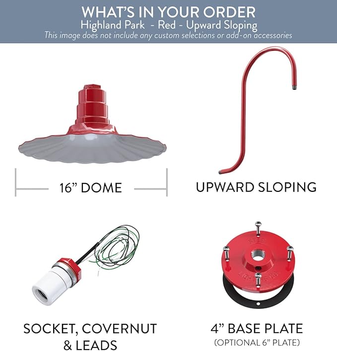 Steel Lighting Co. Highland Park Barn Light | Outdoor Wall Mounted | 16 inch Radial Wave | Upslope Gooseneck | Vintage Style Made in America | Red Exterior/White Interior