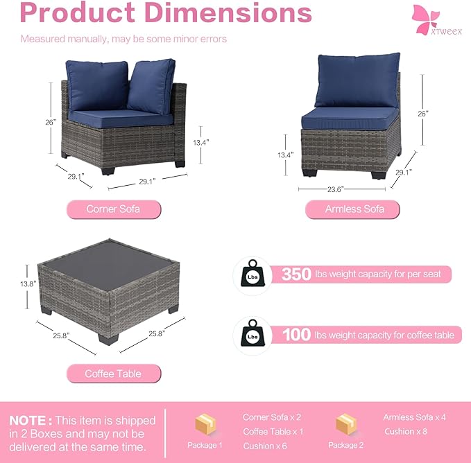 7-Piece Outdoor Rattan Sectional Sofa Set, Gray Wicker Patio Furniture Sets with Navy Blue Cushions for Balcony, Porch, Backyard