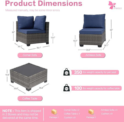 7-Piece Outdoor Rattan Sectional Sofa Set, Gray Wicker Patio Furniture Sets with Navy Blue Cushions for Balcony, Porch, Backyard