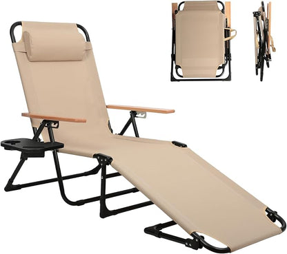 Foldable Chaise Lounge Chair Outdoor, Tanning Chair with 4-Position Reclining Back, Folding Sun Lounger, Outdoor Lounge Chair for Beach, Poolside, Backyard, Camping, UPF 50+, 300 LBS