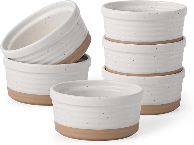 Frewinky Ceramic Ramekins 6 oz Set of 6, Creme Brulee Cups and Sauce Bowls | Six 6 oz ceramic ramekins for creme brulee, pudding, custard, dips and sauces;