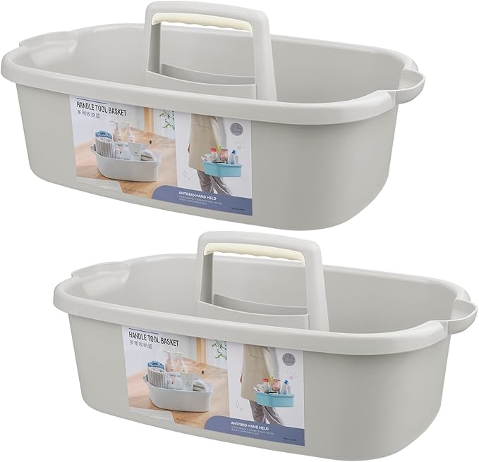 Large Cleaning Supplies Caddy Portable Shower Basket Supply Organizer with Handle Plastic Bucket Tool Storage for Bathroom, Bedroom, Kitchen, College Dorm, Garden, Light Gray 2 Pack