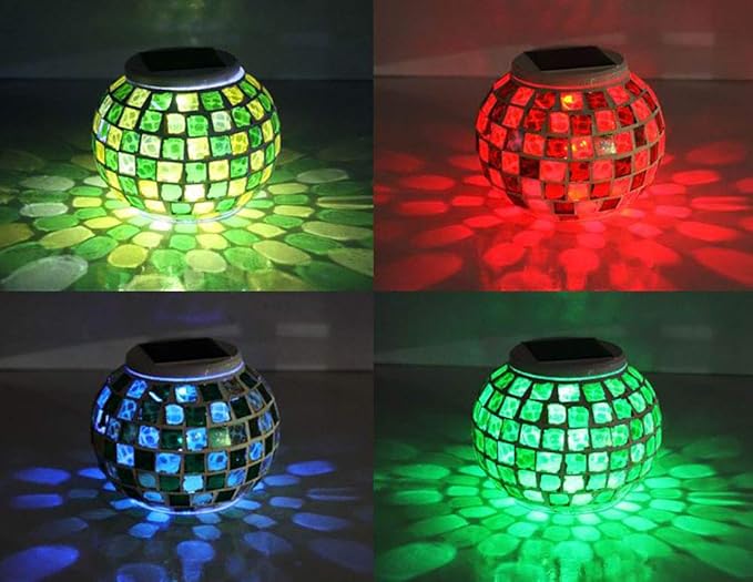 Solar Glass Ball Light Mosaic Jar Lights,Color Changing Globe Table Lamp Waterproof LED Night Light for Garden Patio Party Yard Outdoor Indoor Decorations (Yellow & Green Square)