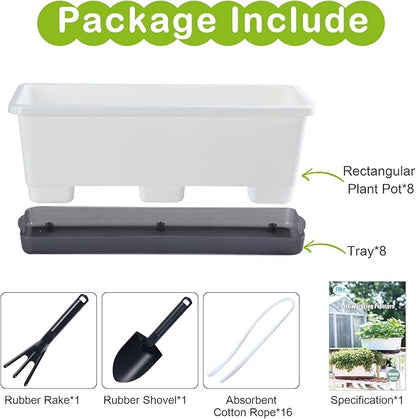 Oliz Window Box Planter 8 Pcs, 17 Inches Rectangle Flower Pots with Drainage Holes & Trays, Vegetable Planters for Windowsill Patio Garden Balcony Home Indoor Outdoor (White, 16 * 7 * 6 inch)