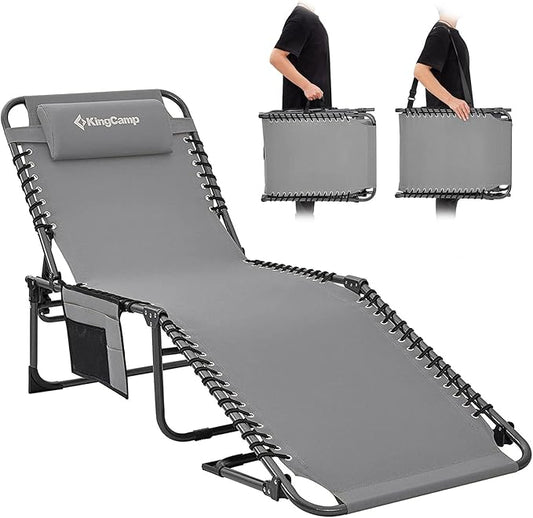 KingCamp Lounge Chair Outdoor, Folding Portable Tanning Chairs Comfy Adjustable 5-Position Lay Flat Foldable Chaise Chaser Lounger with Pillow for Outside Beach Patio Sun Bathing Pool Backyard, Grey