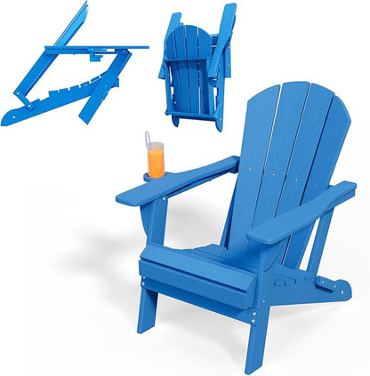 Folding Adirondack Chairs with Cup Holders, Set of 6 HDPE Plastic Outdoor Chairs, Weather Resistant, Real Wood Look, Heavy-Duty Patio Furniture for Deck, Fire Pit, Backyard, Blue