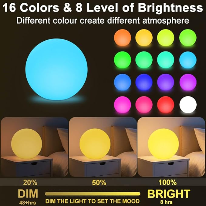 12-in & 20-in LED Globe Orb Lamp, Dimmable RGB Color Changing Glowing Orb Lights Rechargeable Glowing LED Ball Light w/Remote, Waterproof Outdoor Globe Light Soothing Mood Lamp for Home Garden