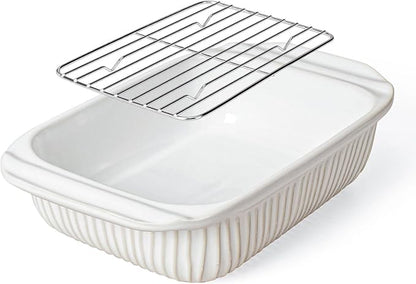 Artena Baking Dish 2.3 Quarts, Casserole Dishes For Oven, Baking Pan With Handles, Lasagna Pan Deep, Large Casserole Dish, Rectangular Ceramic Bakeware (White, With Rack)