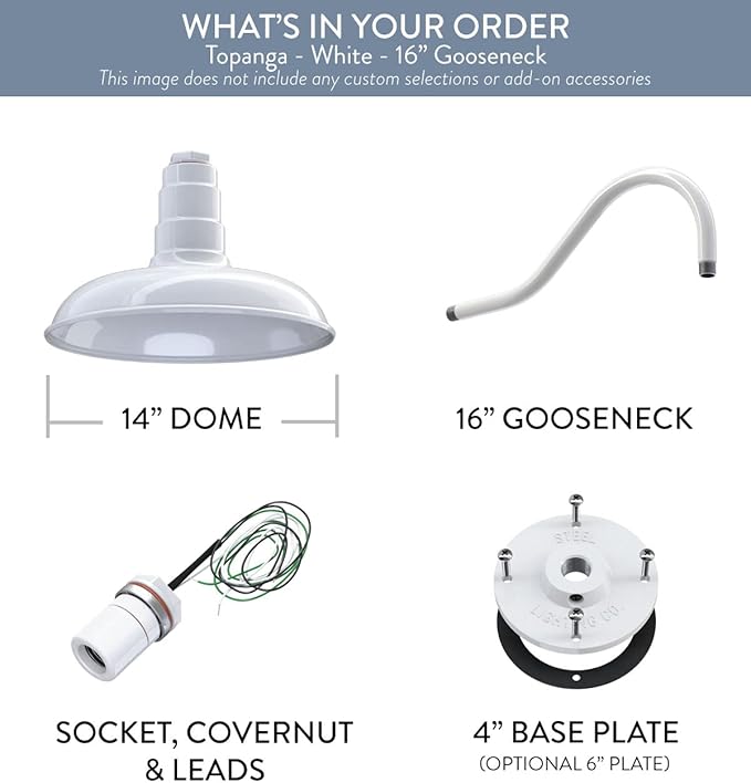 Steel Lighting Co. Topanga Barn Light | Outdoor Wall Mounted | Farmhouse Garage Light Made in America | 14 inch Dome | 16 inch Gooseneck | White Exterior/White Interior