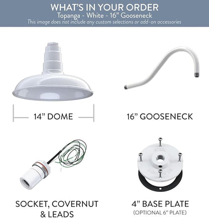 Steel Lighting Co. Topanga Barn Light | Outdoor Wall Mounted | Farmhouse Garage Light Made in America | 14 inch Dome | 16 inch Gooseneck | White Exterior/White Interior