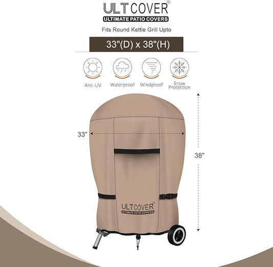 ULTCOVER Outdoor Waterproof Charcoal Kettle Grill Cover for Most 26 inch Round Smoker Size Up to 33” Dia x 38” H