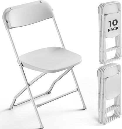 10 Pack White Plastic Folding Chairs, Outdoor Portable Folding Chair with Steel Frame, 350lbs Capacity Stackable Foldable Chairs for Patio, Garden, Picnic, Kitchen, Events
