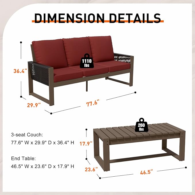 Rustic Hideaway Natural Cedar Wood Outdoor Furniture Set, Wicker Patio Conversation Set for Porch Garden Backyard, Couch and Coffee Table, 2 Piece, Brownish/Red
