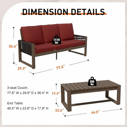 Rustic Hideaway Natural Cedar Wood Outdoor Furniture Set, Wicker Patio Conversation Set for Porch Garden Backyard, Couch and Coffee Table, 2 Piece, Brownish/Red