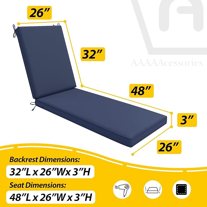 AAAAAcessories Outdoor Chaise Lounge Cushions, Waterproof, Fade-Resistant Patio Furniture Replacement Cushions, 80" x 26" x 3", Set of 2, Navy Blue