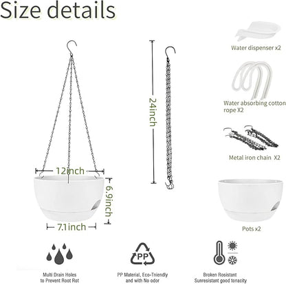 2 Pack Hanging Planters for Indoor Outdoor Plants, 12Inch Self Watering Hanging Pot with Drainage Holes and Saucer, Plastic Plant Pots, White Flower Pots for Kitchen, Balcony, Garden