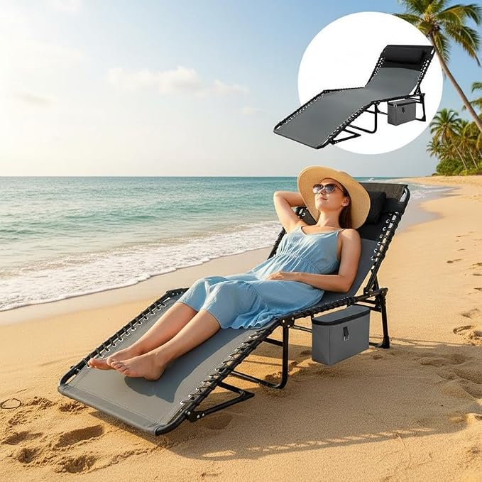 Folding Outdoor Chaise Lounge Chair, 5-Position Adjustable Sun Tanning Chair with Removable Pillow, Side Pocket & Carry Handle for Beach, Garden & Pool