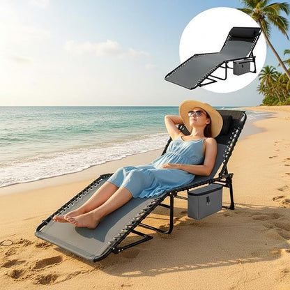 Folding Outdoor Chaise Lounge Chair, 5-Position Adjustable Sun Tanning Chair with Removable Pillow, Side Pocket & Carry Handle for Beach, Garden & Pool